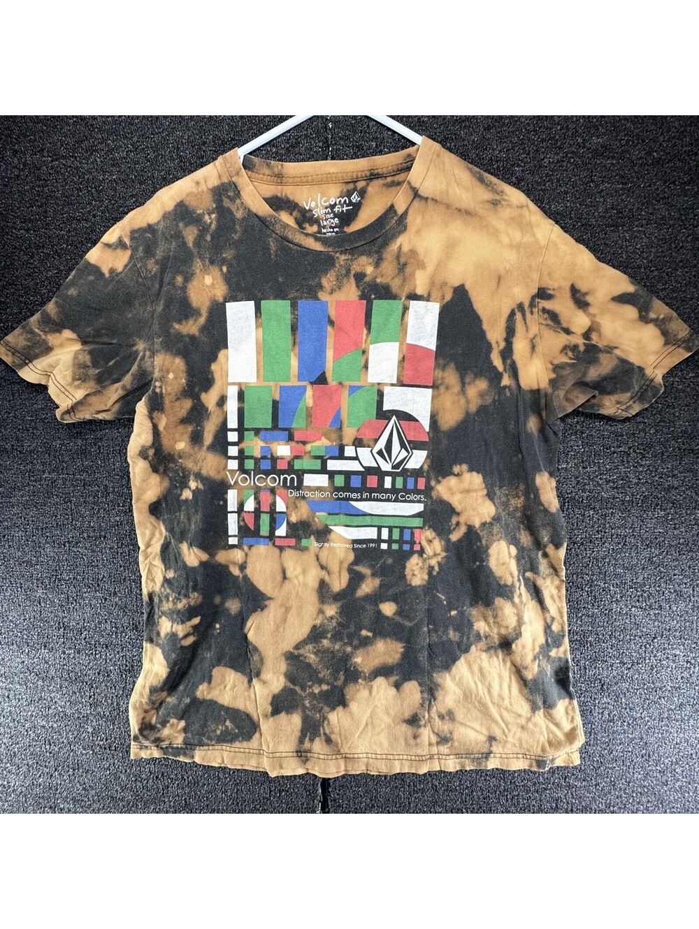 Volcom T Shirt Mens Large Acid Wash Bleach Tie Dye Distraction Graphic Skate Tee
